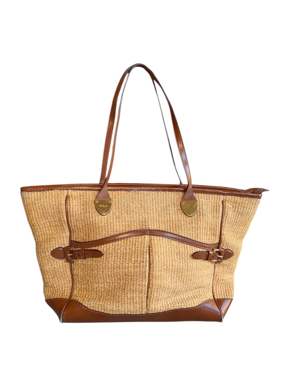 Lauren Ralph Lauren Straw Woven Tote Bag Brown Leather Trim Gold RL Logo Preowne - Picture 10 of 11
